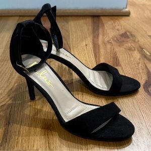 Lulus Black Vegan Suede Ankle Strap Heels | Open Toe | Size 5.5